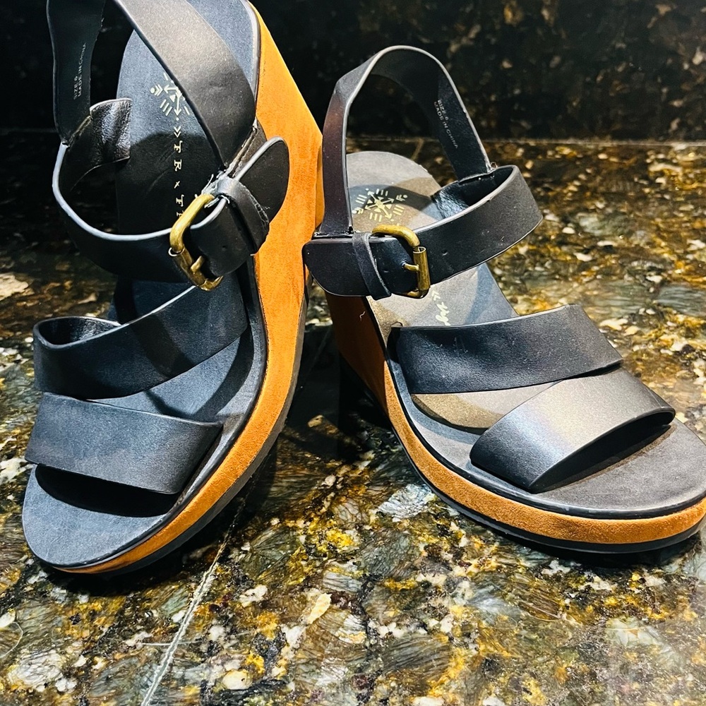 Free People Black and Tan Wedge Sandals